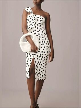 Anthropologie One-Shoulder White and Black Polka Dot Midi Dress